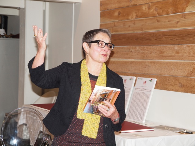 Mary demonstrating her enthusiasm for Bologna at an event in Portland for the Portland-Bologna Sister City Association. 