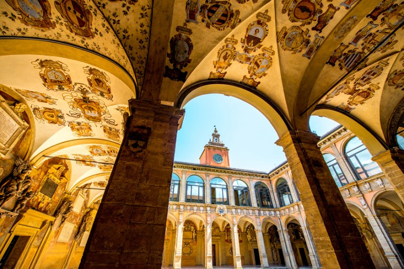 The courtyard of the Archiginnasio in Bologna