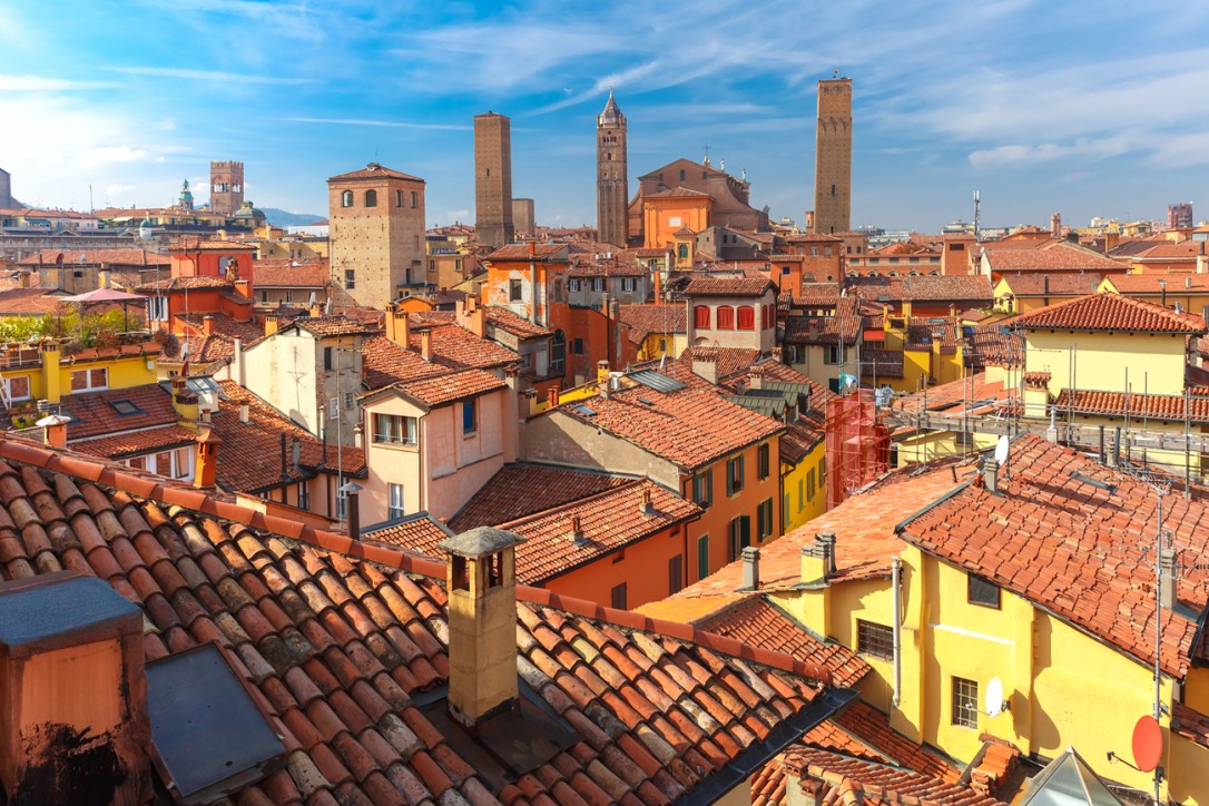 View of Bologna's rooftops and medieval towers