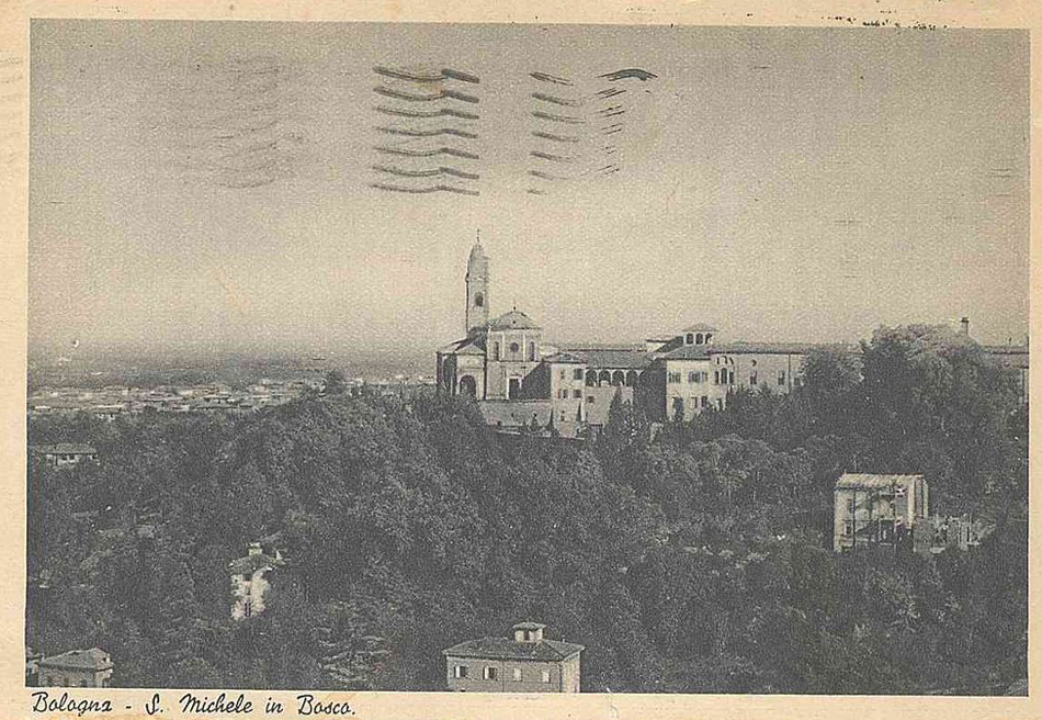 old balck and white postcard of San Michele in Bosco Bologna