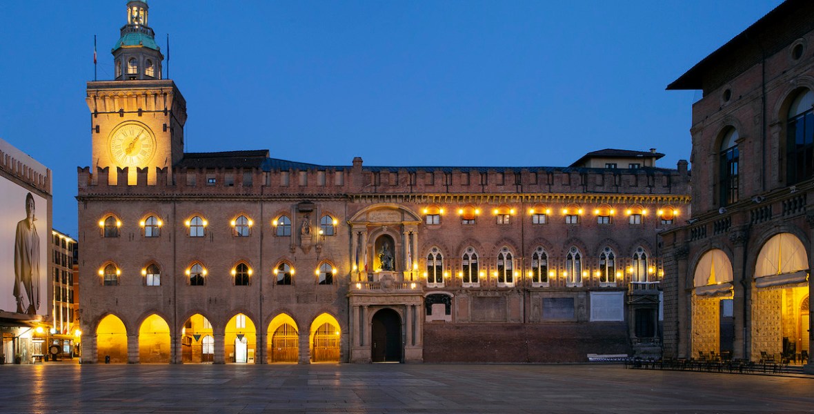 Clock tower in Bologna at dusk